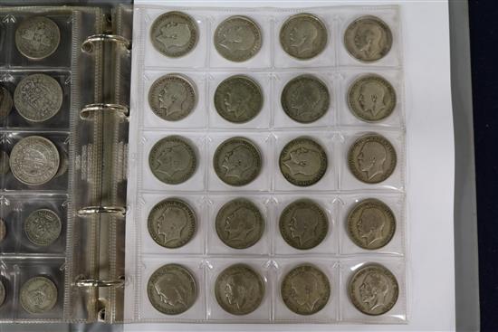 An album of UK silver coinage Charles II to George V including James I shilling and other coins